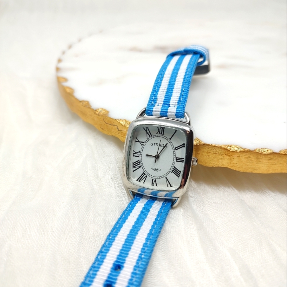 Strada blue and white striped fabric band watch silver tone frame around face - Picture 7 of 8